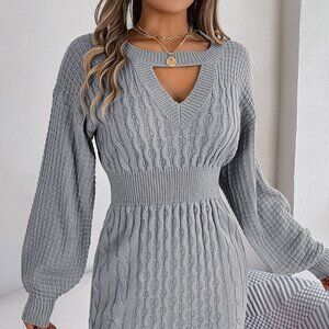 Cable-Knit Cutout Round Neck Slit Sweater Dress